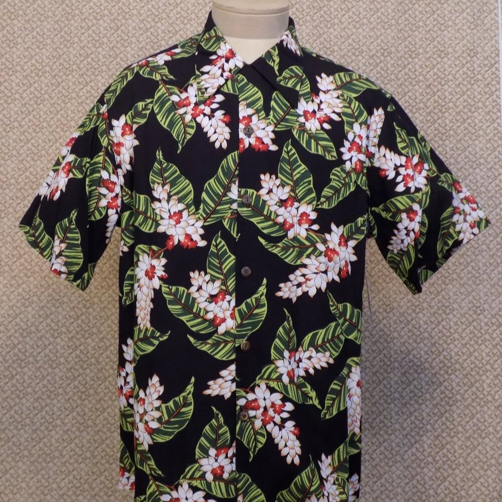 Mens L HAWAIIAN SHIRT original Kalakaua HANA Black Aloha Travel w front Pocket.